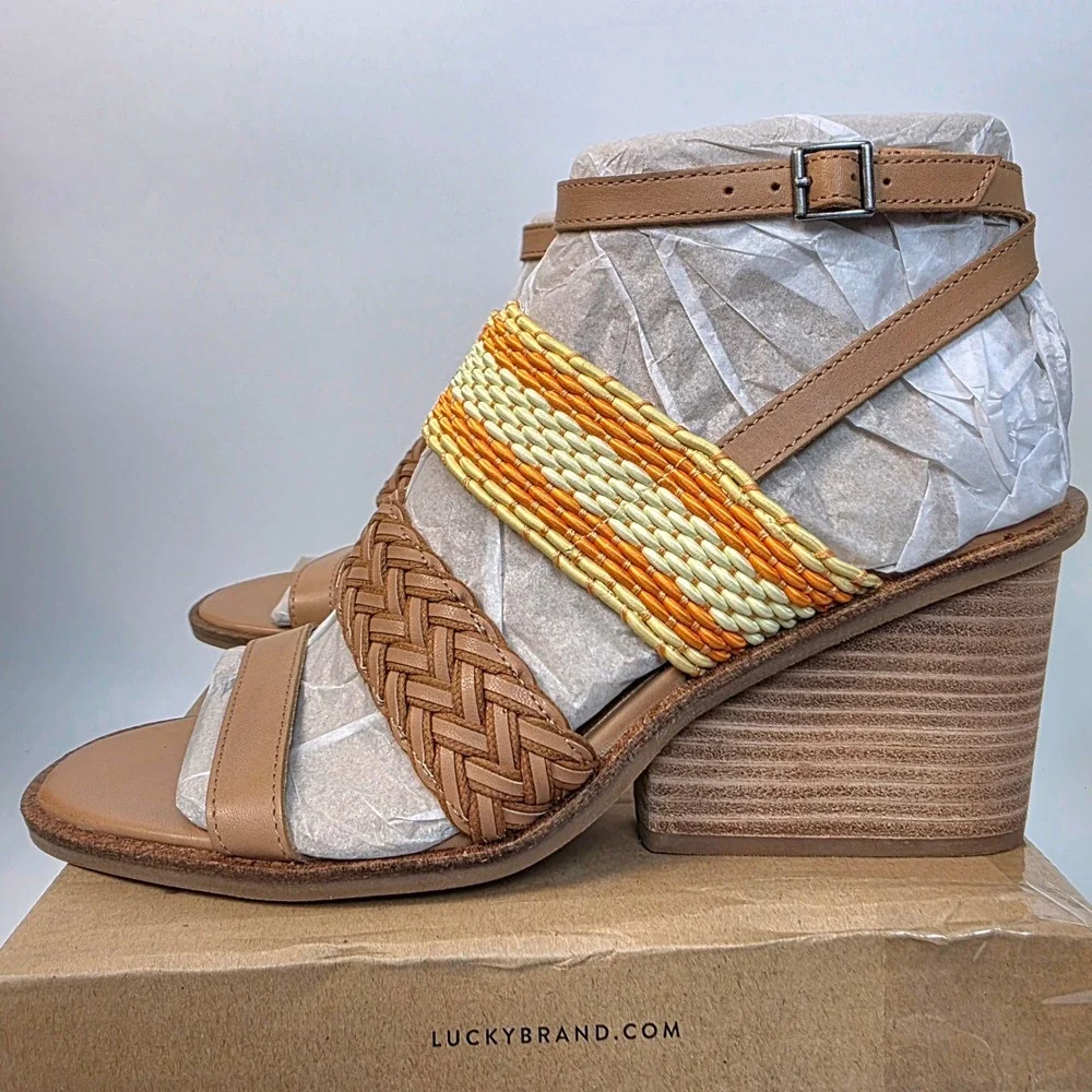 Lucky Brand‎ Women's Lissie Wedge Sandals Tan Sunflower Multi Braided Straps 11M